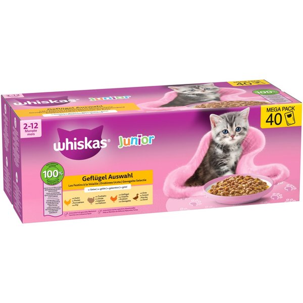 40x85g Whiskas Junior Vershoudzakjes Gevogelte in Gelei (4 Soorten) nat kattenvoer