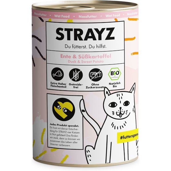 6x 400g STRAYZ Bio Kan Biologische Eend & Biologische Zoete Aardappel Kattenvoer Nat