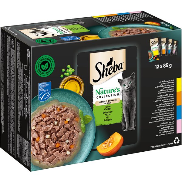 12x 85g Sheba Nature's Collection in Saus heerlijke variatie (kip, kalkoen, tonijn, zalm)