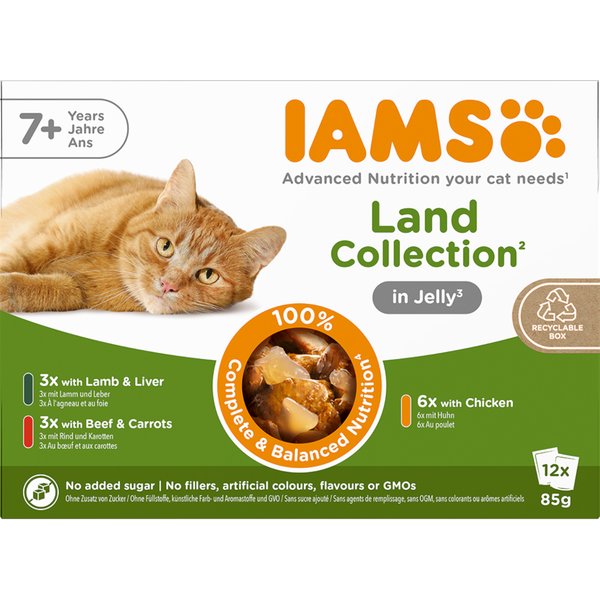 IAMS 48 x 85 g comida húmida para gatos em promoção: 36 + 12 grátis! - Senior 7+ Land Collection em geleia