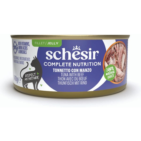 6x140g Tonijn met rundvlees Schesir Complete Nutrition in gelei natvoer voor katten
