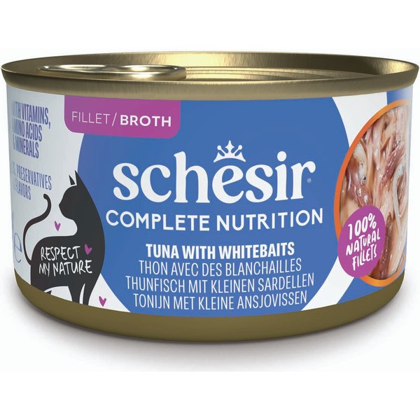 Voordeelpakket: 24x85g Schesir Complete Nutrition Filet in bouillon tonijn met witvis natvoer voor katten