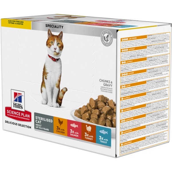 Hill's Science Plan Adult Sterilised - Frango, salmão, peru, truta (12 x 85 g)