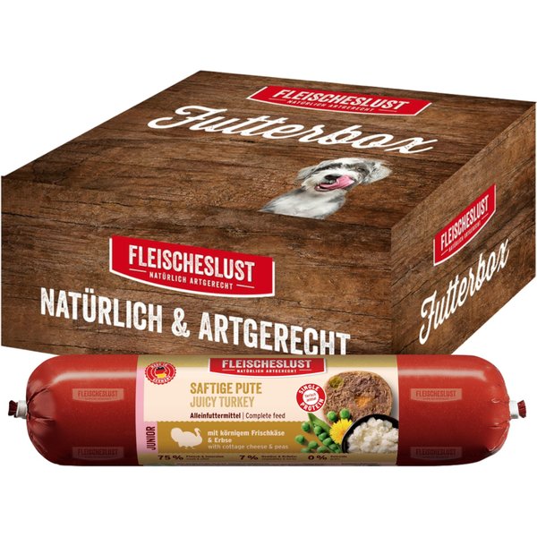8x,400g sappige kalkoen met korrelige roomkaas & erwt Fleischeslust Voedselbox Junior Classic nat hondenvoer