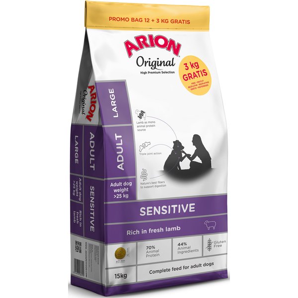 Arion Original Sensitive Large Breed com cordeiro - 12 + 3 kg grátis