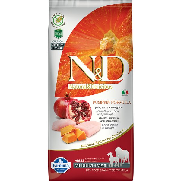 2x12kg Adult Medium & Maxi Kip/Pompoen/Granaatappel Farmina N&D Hondenvoer Graanvrij