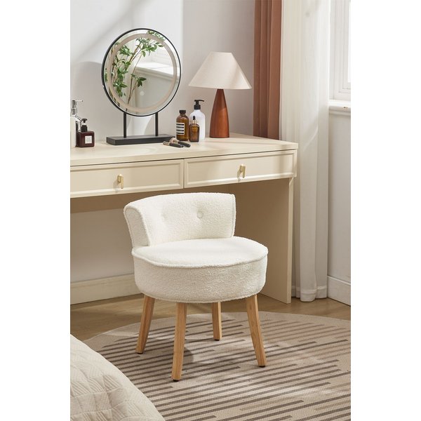 Living and Home Teddy Fleece Dressing Table Stool with Solid Wood Legs in White