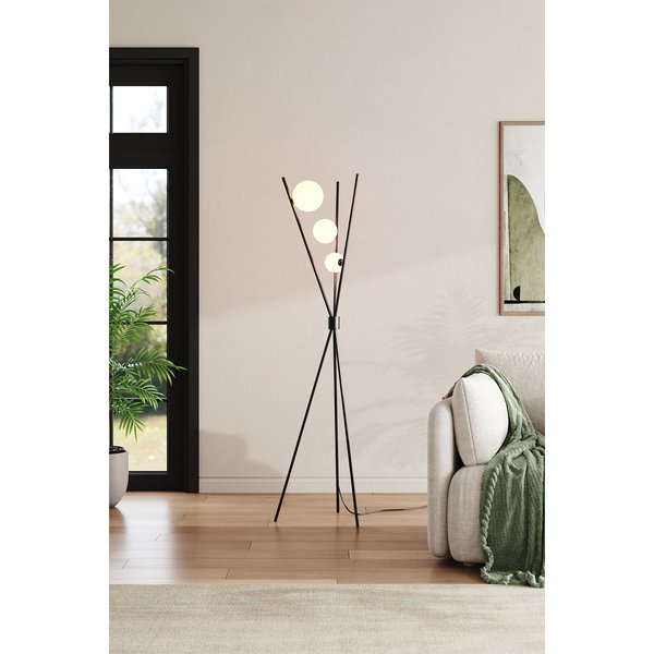 Living and Home Metal Tripod Standing Floor Lamp with Plastic Lampshade in Black