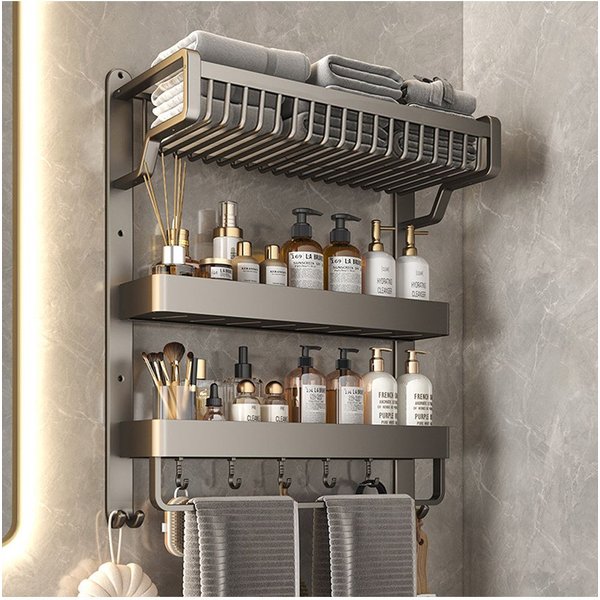 Living and Home 3-Tiers Corner Shower Caddy with Towel Rack Bathroom Storage Shelf Basket Organiser Tidy Tray in Grey