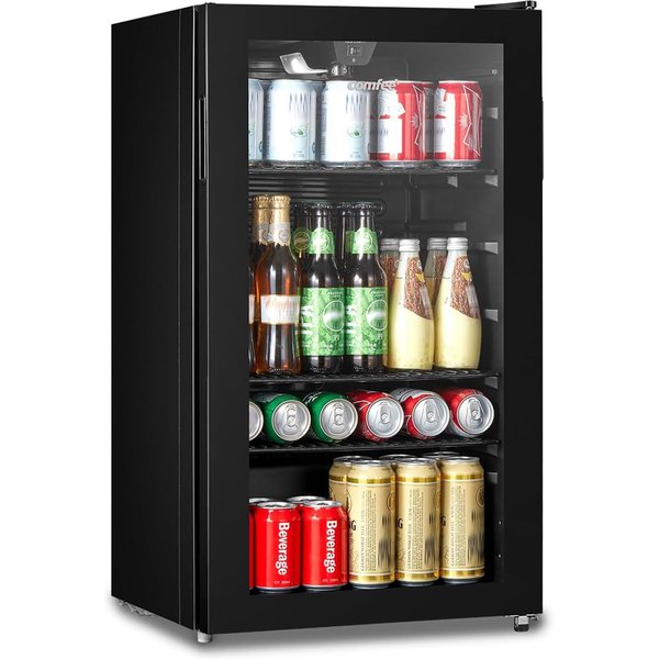 Living and Home 93L Under Counter 115-Can Drinks Cooler Beer Fridge (2℃ to 15℃) Beverage Refrigerator with Removable Shelves, LED, Low Noise in Black