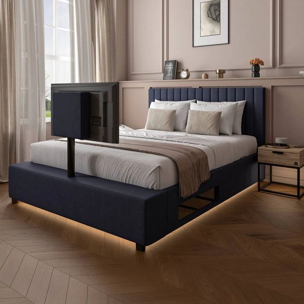 X Rocker Maisie Velvet Upholstered TV Bed with Media Storage & LED Lights in Navy | Size: King