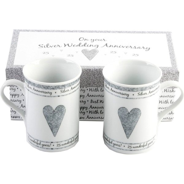 Happy Homewares Beautifully Designed 25th Silver Anniversary Mug Set with Matching Gift Box