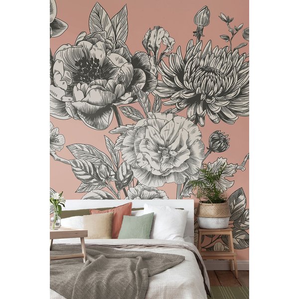 Origin Murals Large Rose Toile Wall Mural in Baby Pink | Size: W350 cm x H280 cm