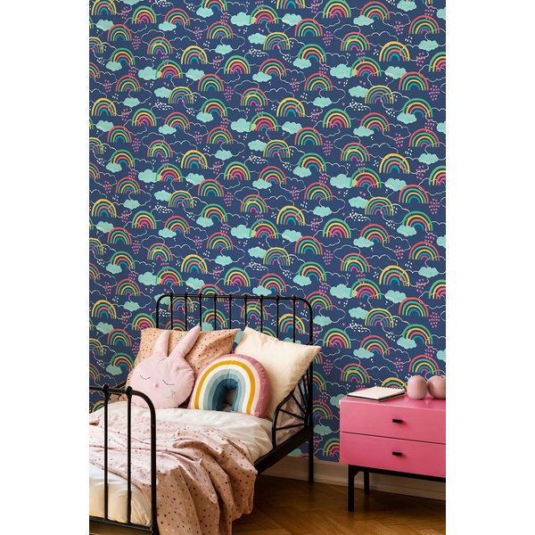 Hoopla Walls Rainbow Love 10m Matt Wallpaper in Blue