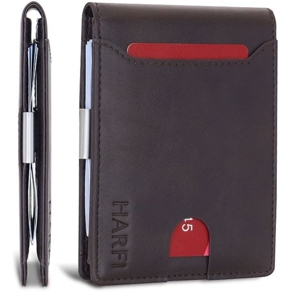 Harfi Men's RFID Minimalist Leather Slim Wallet with Money Clip - Stylish Card Holder for Men in Brown