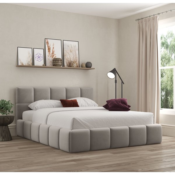 DS Living Ovella Cubed Upholstered Plush Pebble Bed with Ottoman Gas Lift in Light Grey | Size: Single