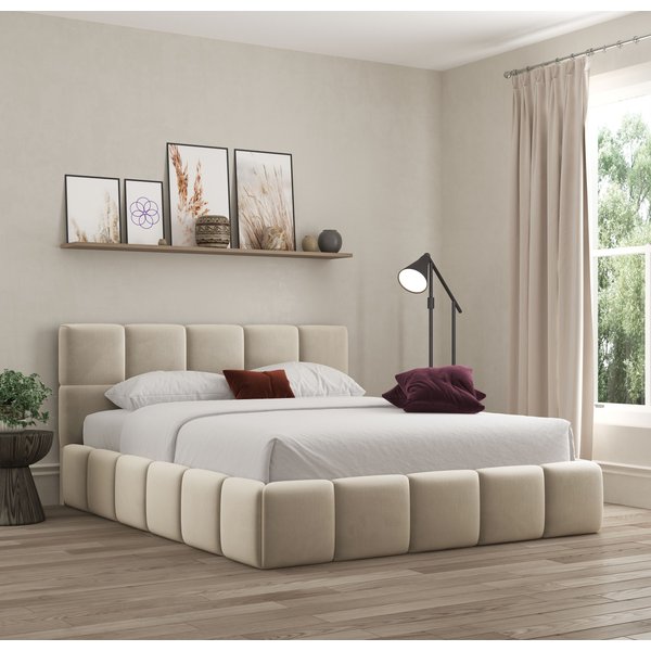 DS Living Ovella Cubed Upholstered Plush Cream Bed with Ottoman Gas Lift | Size: Double