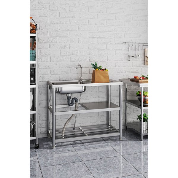 H&O Direct Stainless Steel One Compartment Sink with Shelves & Drainboard in Silver