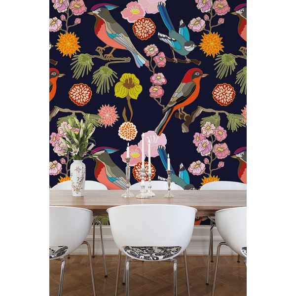 Origin Murals Floral Birds Wall Mural in Indigo | Size: W350 cm x H280 cm