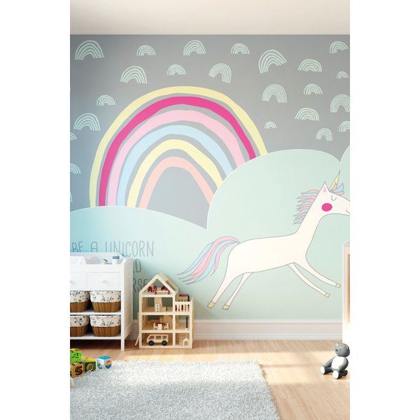 Origin Murals Rainbow Unicorn Wall Mural in Mint | Size: W300 cm x H240 cm