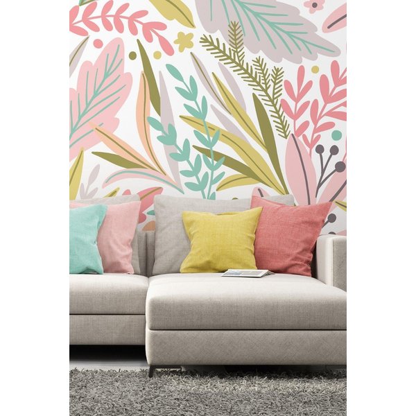 Origin Murals Patterned Leaves Wall Mural in Olive | Size: W300 cm x H240 cm