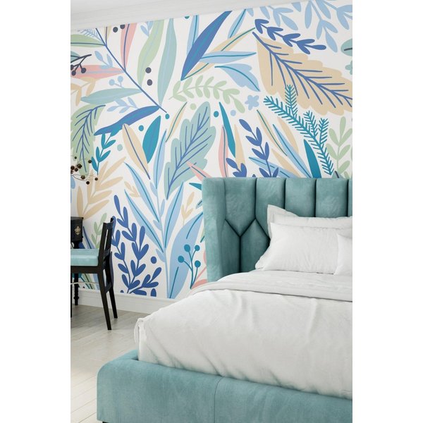 Origin Murals Patterned Leaves Wall Mural in Mid Navy | Size: W300 cm x H240 cm