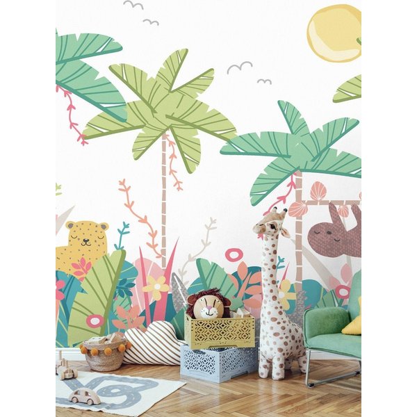 Origin Murals Jungle Animals Wall Mural in Pale Green | Size: W350 cm x H280 cm