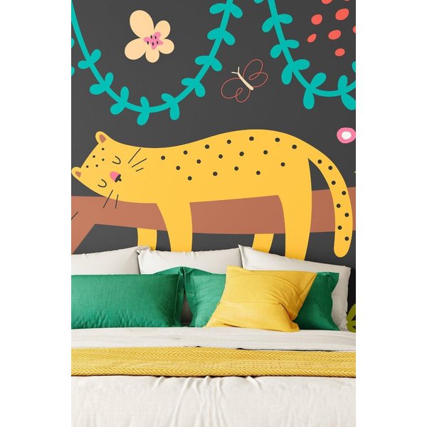 Origin Murals Sleeping Jungle Leopard Wall Mural in Black | Size: W300 cm x H240 cm