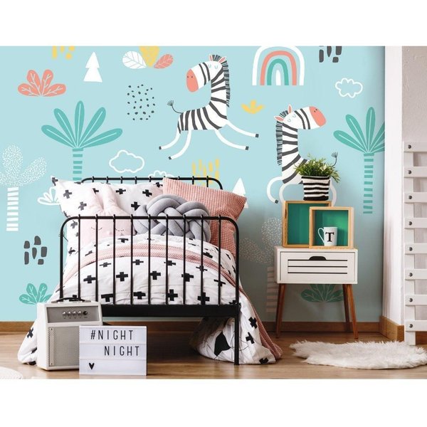 Origin Murals Dancing Zebras Wall Mural in Blue | Size: W300 cm x H240 cm