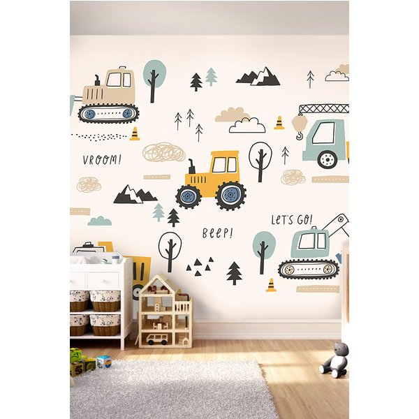 Origin Murals Tractors & Diggers Wall Mural in Duck Egg Blue | Size: W300 cm x H240 cm