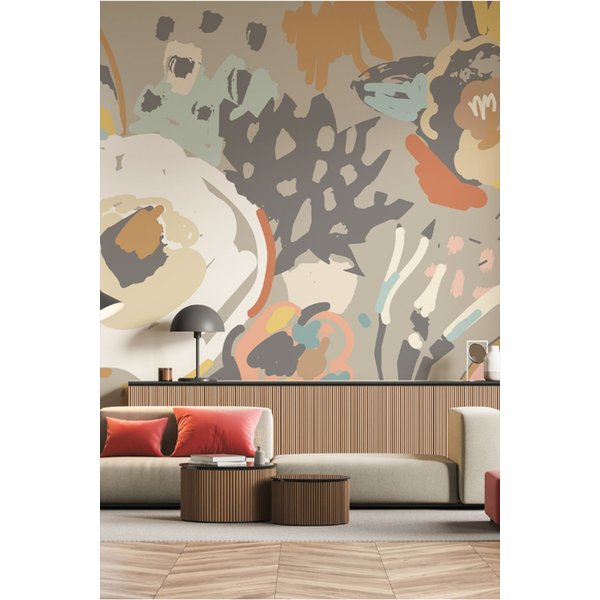 Origin Murals Abstract Floral Wall Mural in Mid Grey | Size: W300 cm x H240 cm