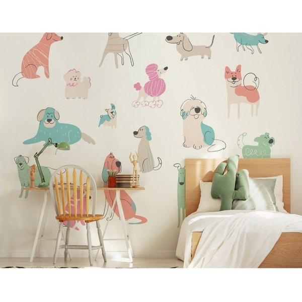 Origin Murals Happy Dogs Wall Mural in Pink | Size: W350 cm x H280 cm