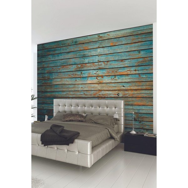 Origin Murals Rustic Wood Effect Wall Mural in Blue | Size: W300 cm x H240 cm