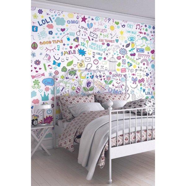 Origin Murals Social Doodle Text Purple Matt Smooth Paste the Wall Mural 300cm wide x 240cm high | Size: W350 cm x H280 cm