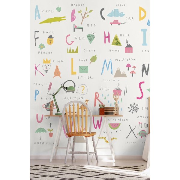 Origin Murals Childrens Alphabet Illustrations Wall Mural in Bright Pink | Size: W350 cm x H280 cm