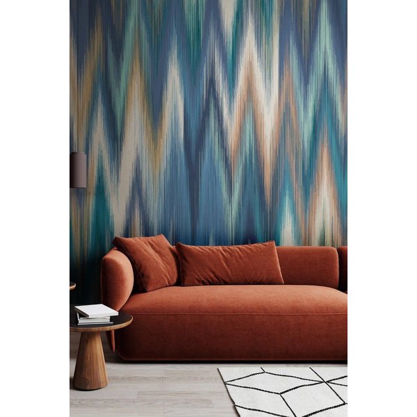 Origin Murals Ikat Zig Zag Wall Mural in Blue | Size: W350 cm x H280 cm