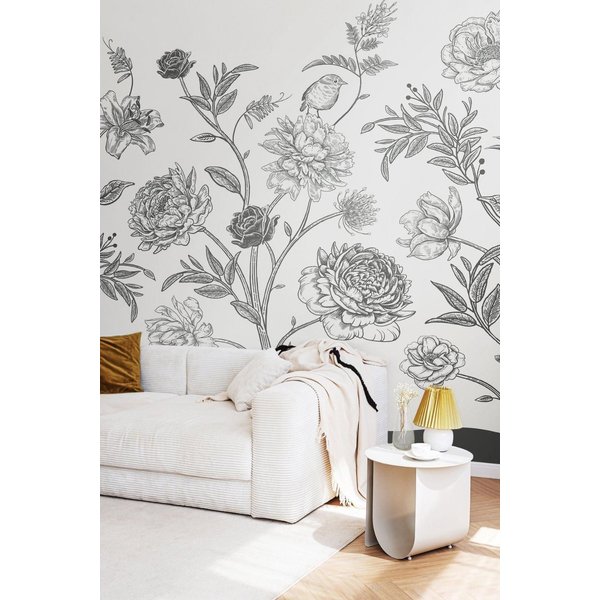 Origin Murals Jacobean Rose Trail Wall Mural in Black | Size: W350 cm x H280 cm