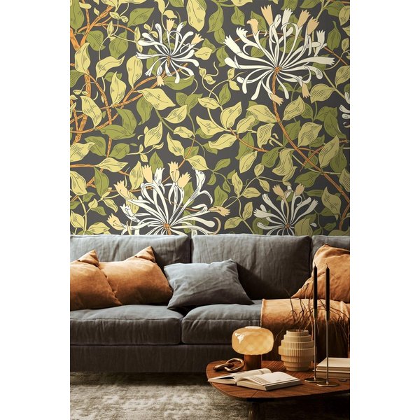 Origin Murals Honeysuckle Wall Mural in Dark Olive | Size: W300 cm x H240 cm