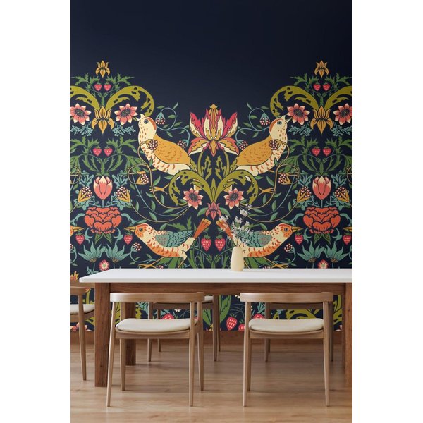 Origin Murals Birds, Fruit & Foliage Wall Mural in Mid Navy | Size: W300 cm x H240 cm