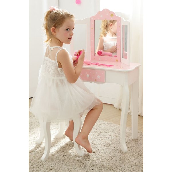 Teamson Kids Kids Wooden Play Vanity Table Set, Twinkle Stars, Pink/White in Pink
