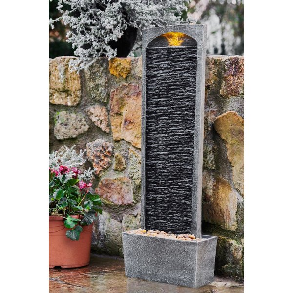 Teamson Home Large Outdoor Straight Water Feature, Modern Waterfall Effect with LED Lights, Grey