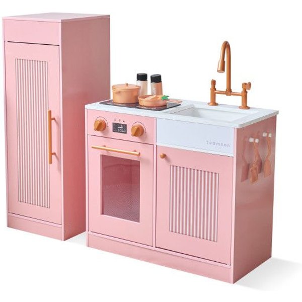 Teamson Kids Modern Sleek Play Kitchen with Fridge, Stove & Hooks in Peach