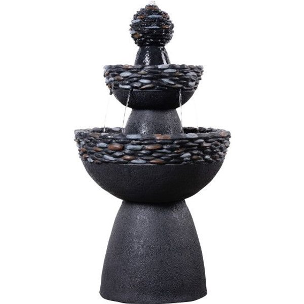 Teamson Home Garden Outdoor Water Feature, 3-Tier Pedestal Water Fountain, With LED Lights, Dark Grey Stone Finish