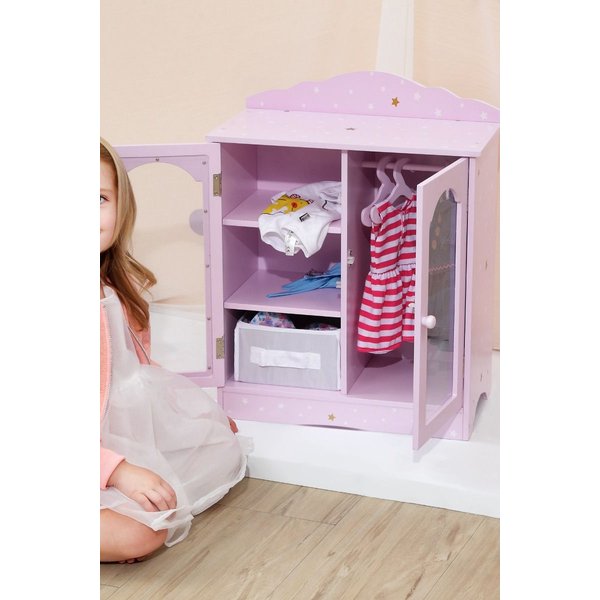 Teamson Kids Kids Wooden Doll Wardrobe with Drawer Shelves & Hangers, Pink in Purple