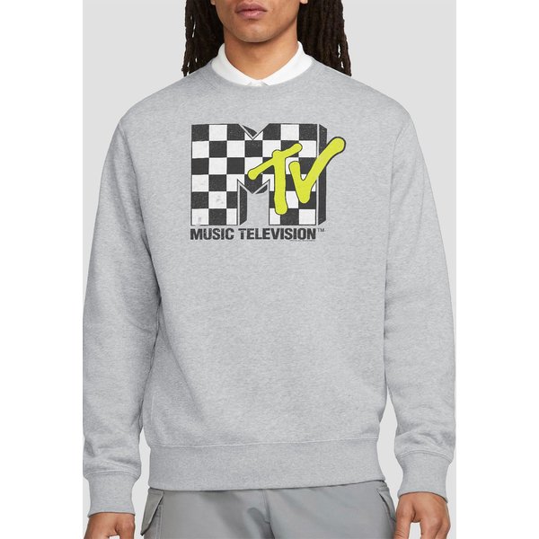 MTV Men's Checker Board Logo Crew Sweatshirt, Athletic Heather in Light Grey | Size: 2XL