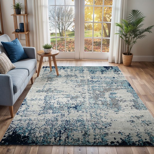 Livabliss Sunderland-Abstract Blue Grey Modern Marble Living Dining Bedroom Rug in Navy | Size: 160 cm x 220 cm
