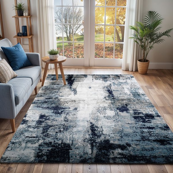 Livabliss Wanderlust-Abstract Blue Grey Black Modern Marble Living Dining Bedroom Rug in Navy | Size: 200 cm x 275 cm