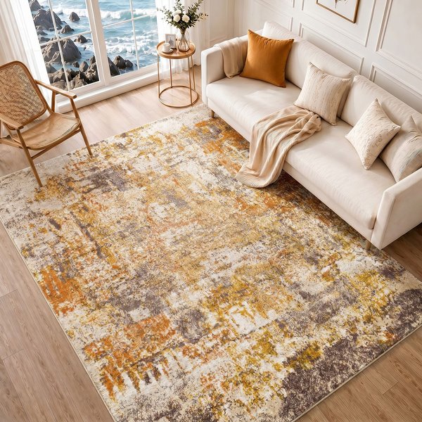Livabliss Ankara - Abstract Grey Yellow Modern Marble Living Dining Bedroom Rug in Orange | Size: 160 cm x 215 cm