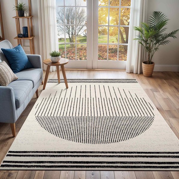Livabliss Pisa-Geometric Black Grey Ivory Modern Living Dining Bedroom Rug in Off-White | Size: 80 cm x 220 cm