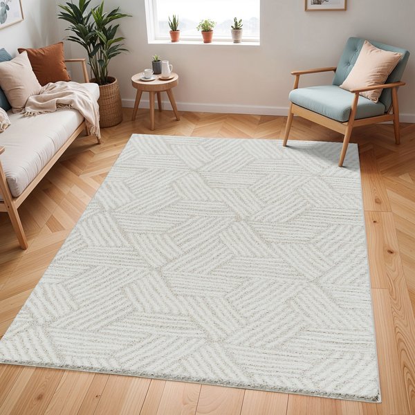 Livabliss Cloudy Shag-Shaggy Grey Beige Geometric Plush Soft Pile Living Bedroom Rug | Size: 160 cm x 215 cm